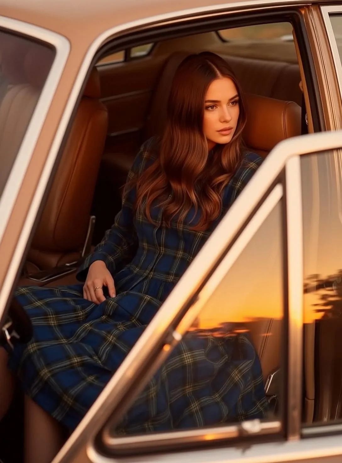 Long-sleeved Plaid Dress Inside Vintage Car Golden Hour Warm Soft