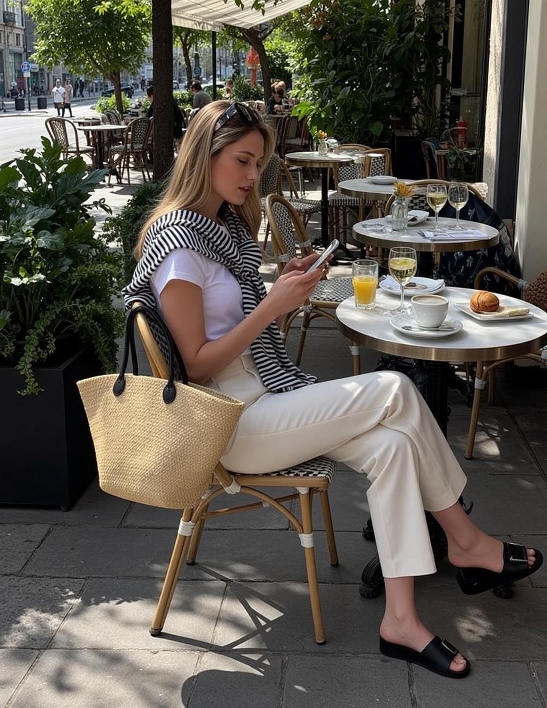 Outdoor Cafe Woman Phone Neutral Focus