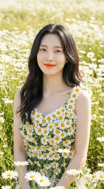 Daisy Field Portrait Soft Smile Warm Light