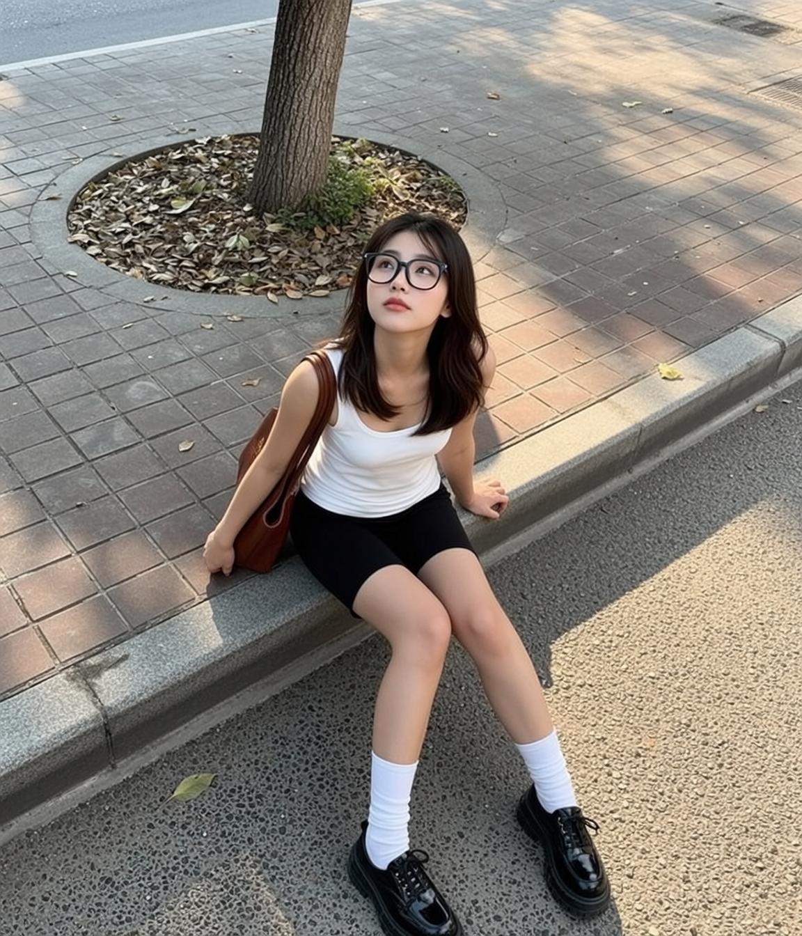 Woman On Curb Black Shorts Platform Shoes