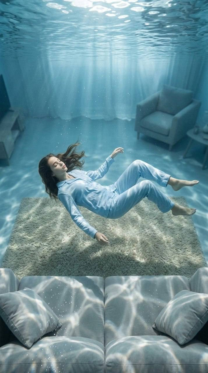 Close-up of a woman's calm face underwater surrounded by rising air bubbles.