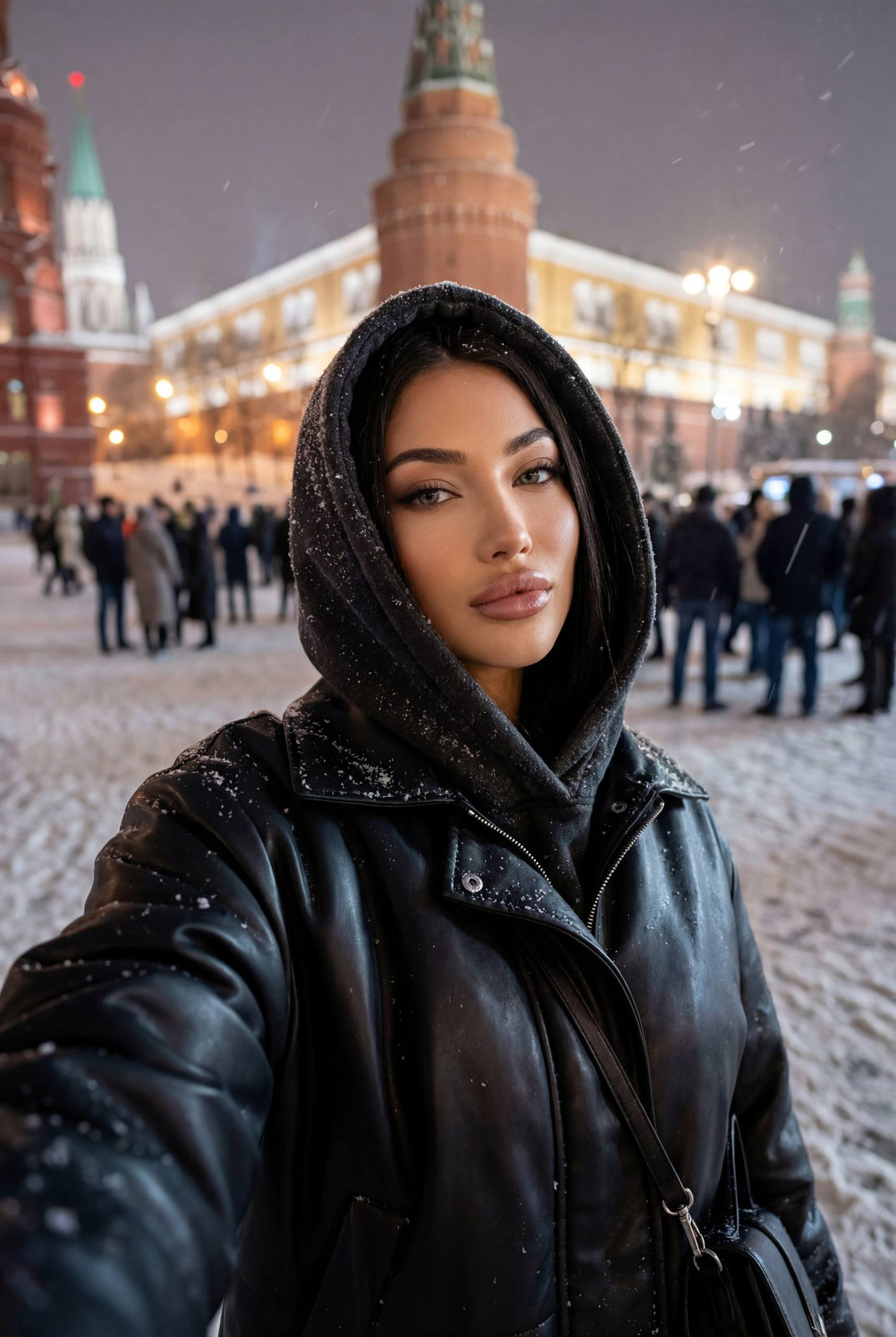 A woman in a matte leather jacket and hoodie, calmly posing for a winter night selfie in a snow-covered city square.