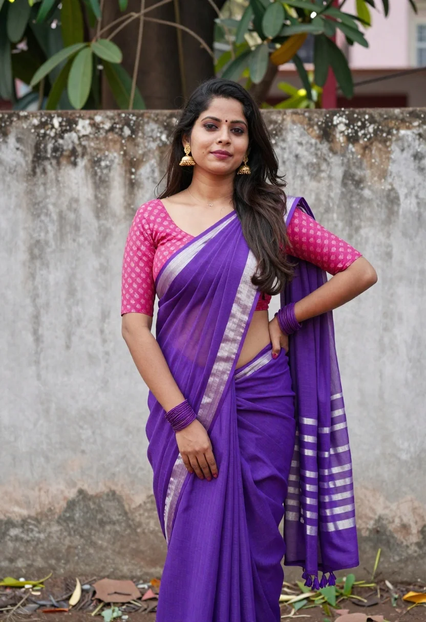 Woman Stands Confidently Outdoors Wearing Vibrant Purple Saree With White reference photo