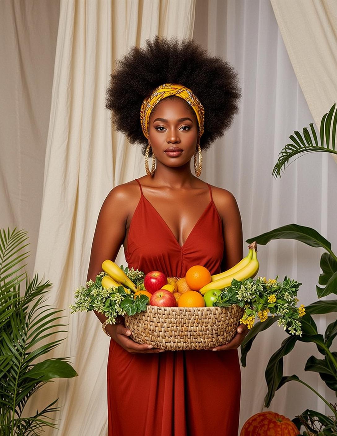 Black Woman Afro Rust Dress Fruit Basket Studio
