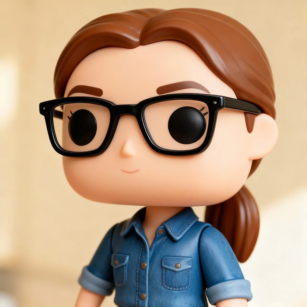 A transformed character in Funko Pop style featuring oversized head, large round eyes, and bright accessories.