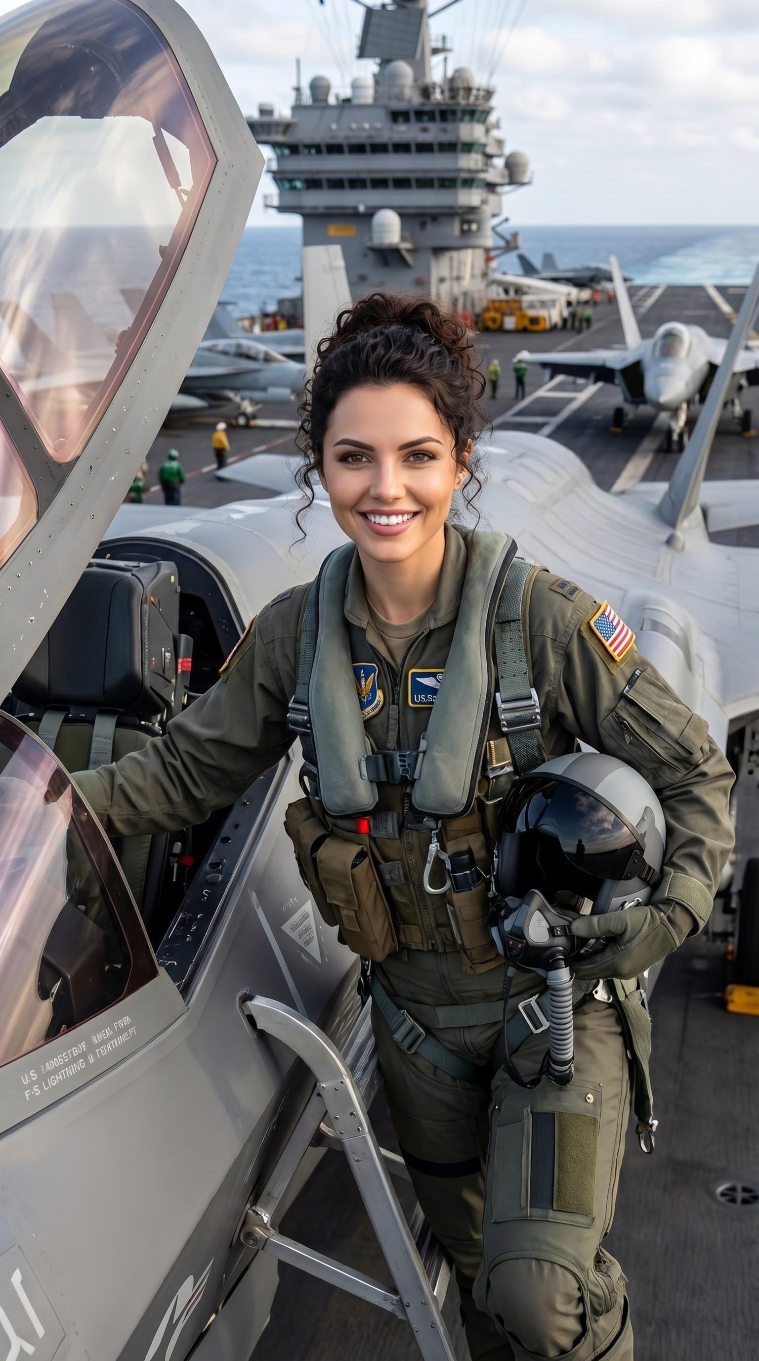 Flight Deck Smiling With Fighter Jet And Flight Suit