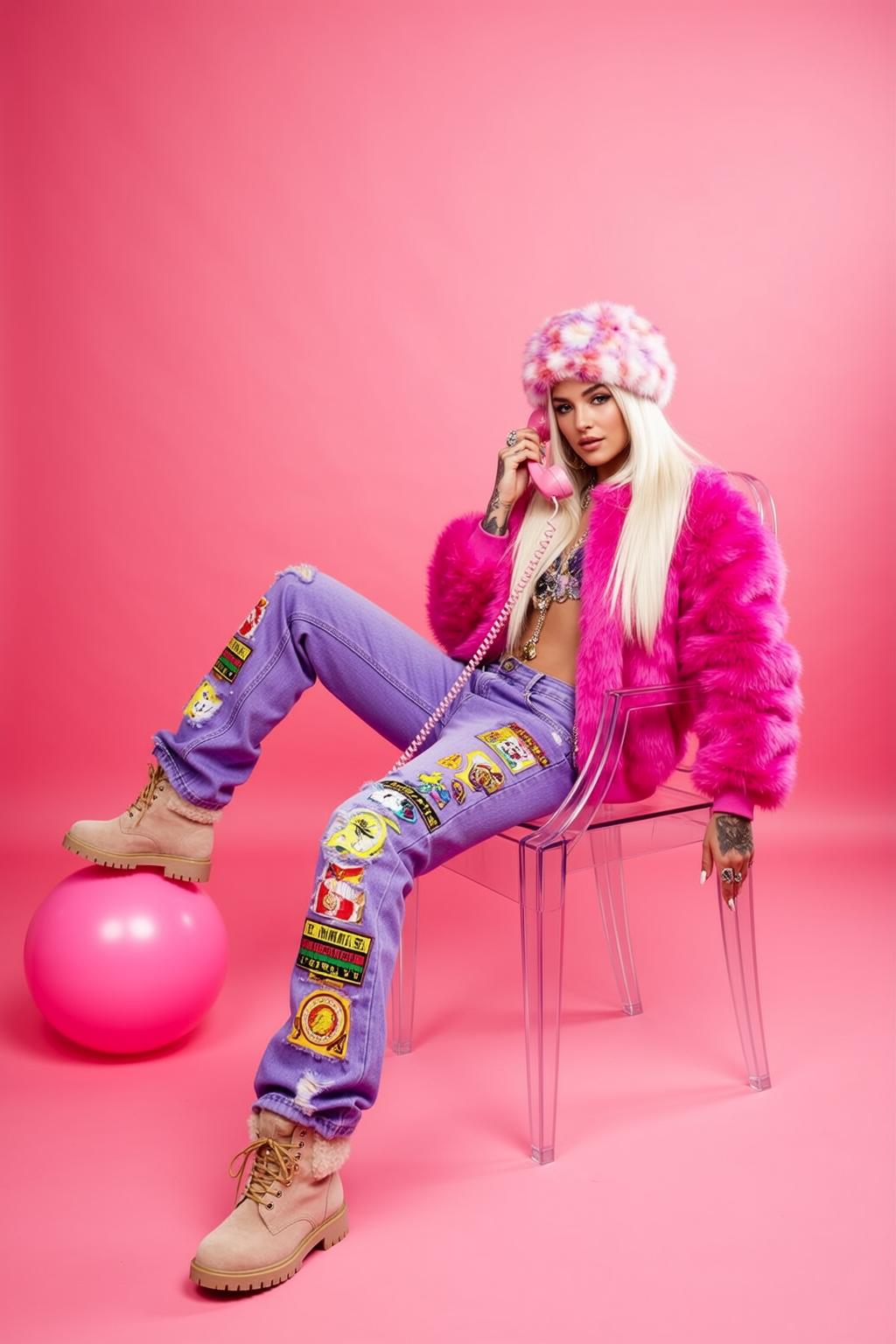 Pink Fur Jacket Phone Call