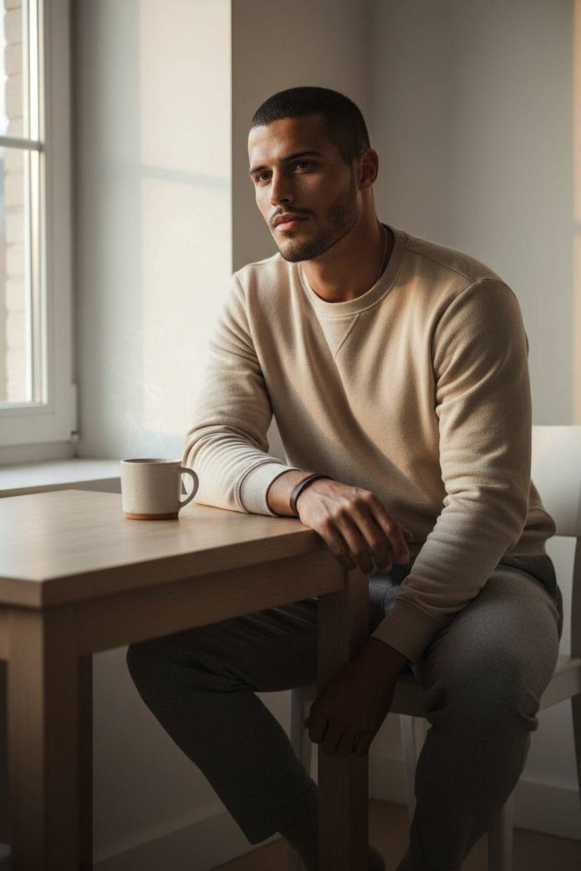 A serene morning scene featuring a person sitting at a wooden table, with soft sunlight streaming through the window.