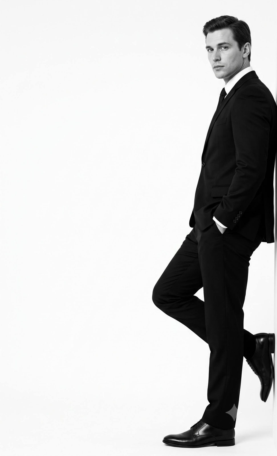 Black and white portrait of a man in a classic suit standing at the right edge with soft warm lighting