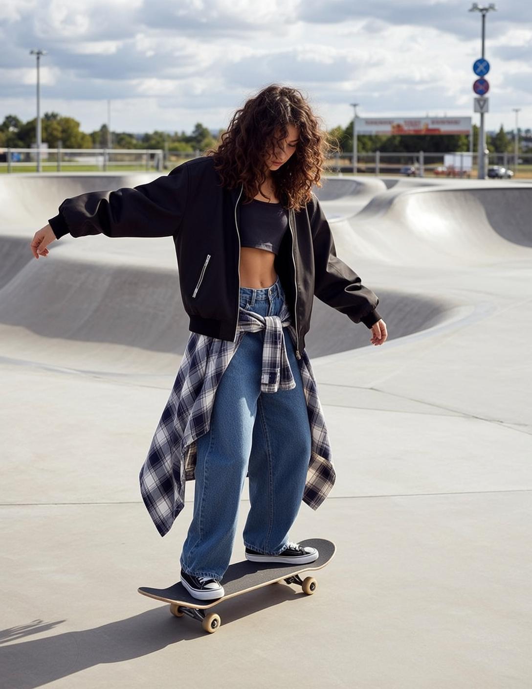 Skater Girl Outstretched Arms Skatepark Daylight