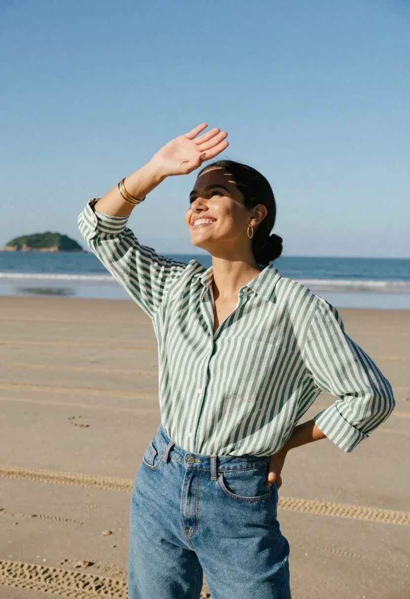 Joyful Woman Stands Sandy Beach Shielding Her Eyes From The