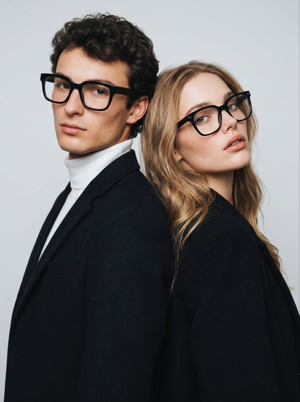 A minimalistic couple studio portrait with matching black glasses, featuring soft lighting and a light gray background.