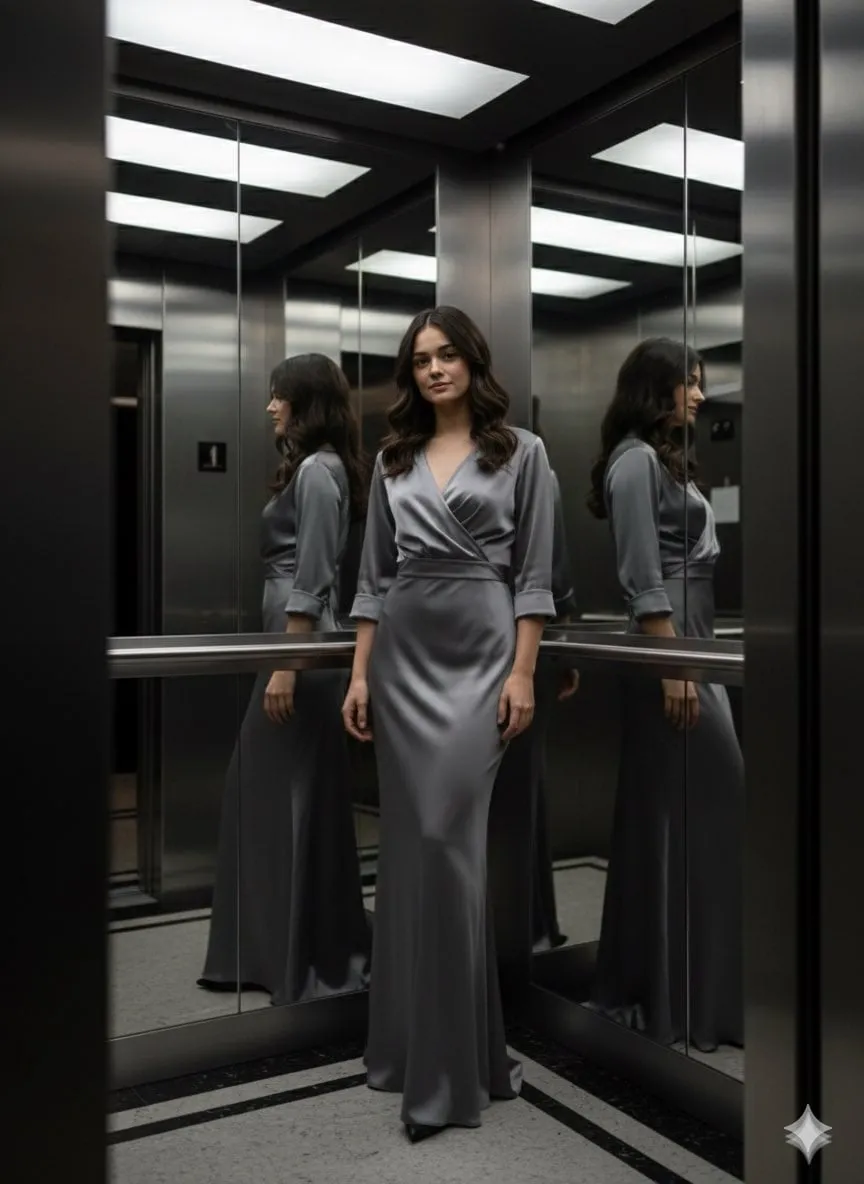 Female Standing In Luxury Elevator Sleek Satin Gown