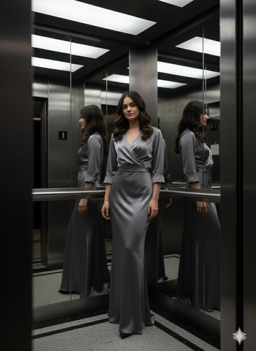 A woman standing confidently in a luxurious elevator, wearing a sleek satin gown with subtle light reflections.