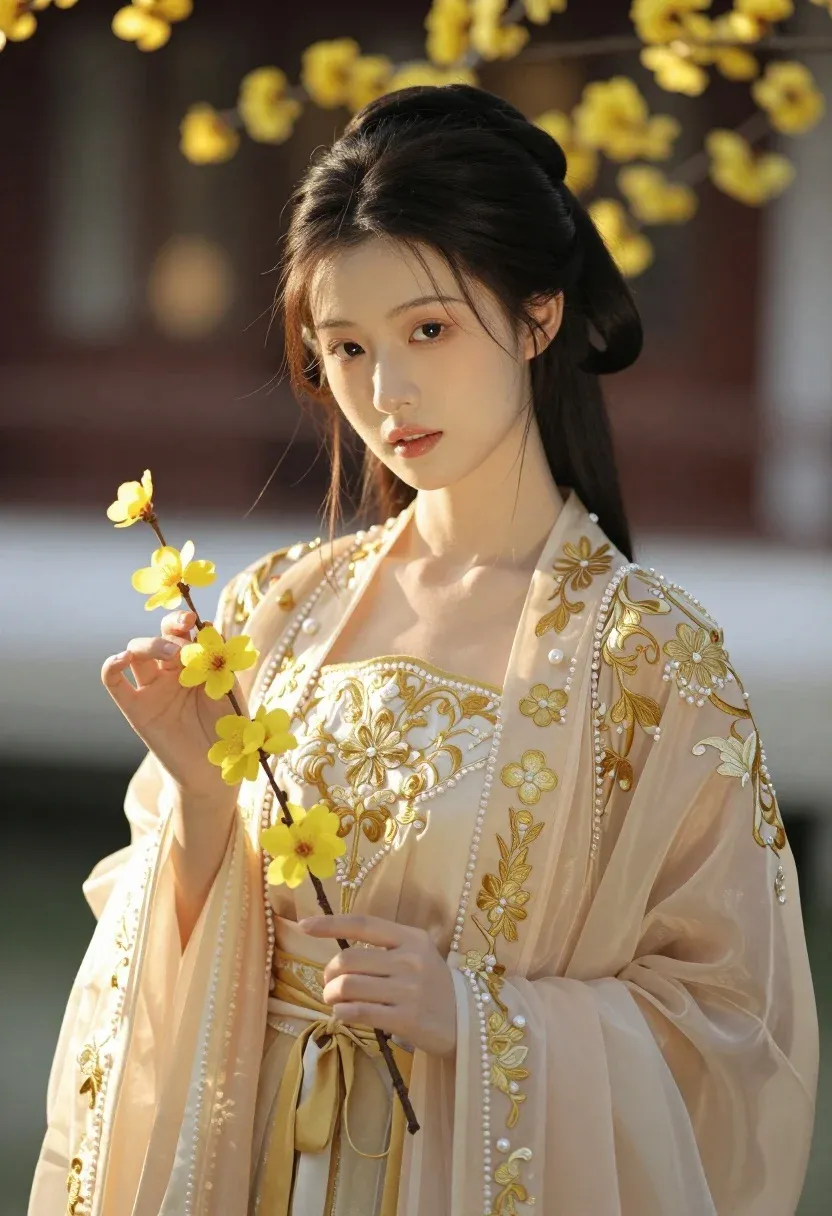 Serene Portrait Young Woman Dressed Elaborate Traditional Chinese Hanfu Gown
