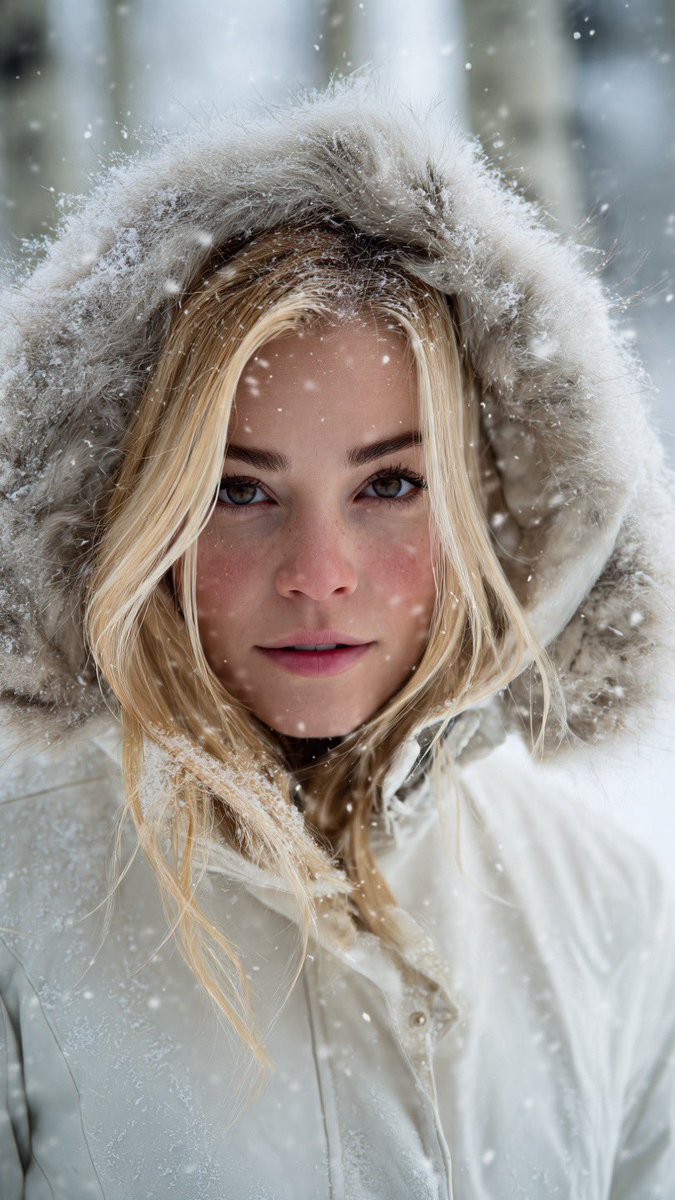 A blonde woman in a fur-hooded winter jacket stands in a serene snow-covered landscape with snowflakes falling around her.