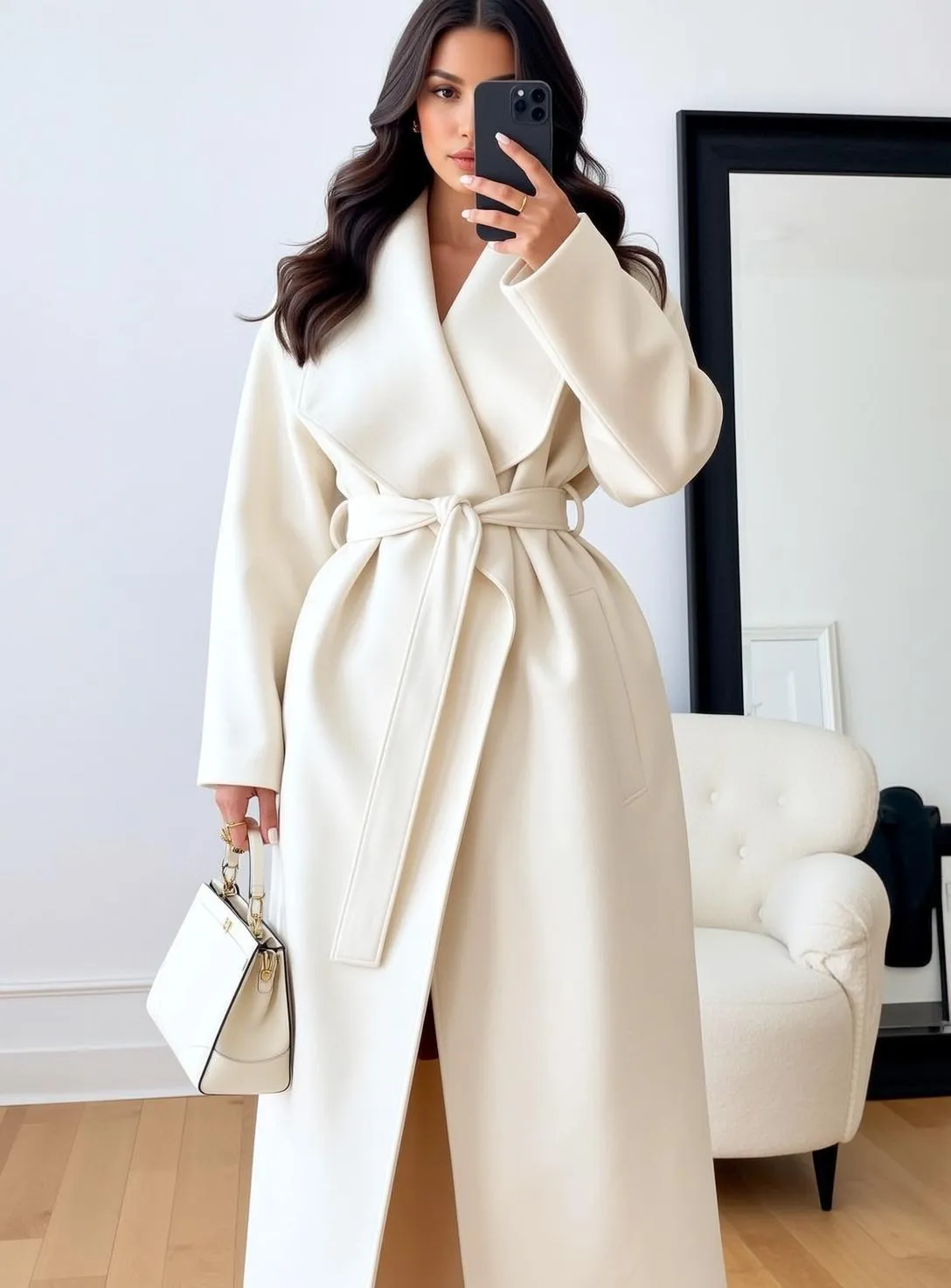 Cream Wool Coat Handbag Selfie