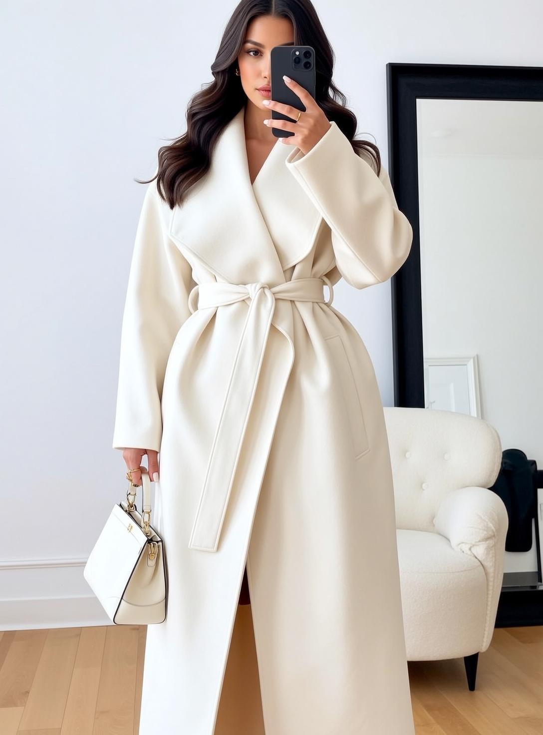 Cream Wool Coat Handbag Selfie