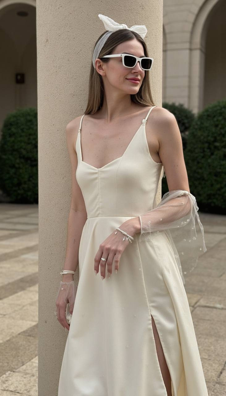 Bride in an elegant ivory wedding dress stands by an architectural column, featuring a structured top and voluminous skirt.