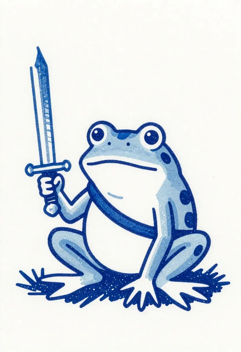 Blue Ink Illustration Frog Warrior Sitting Grass While Holding Sword