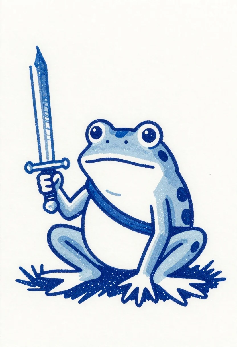 Blue Ink Illustration Frog Warrior Sitting Grass While Holding Sword reference photo
