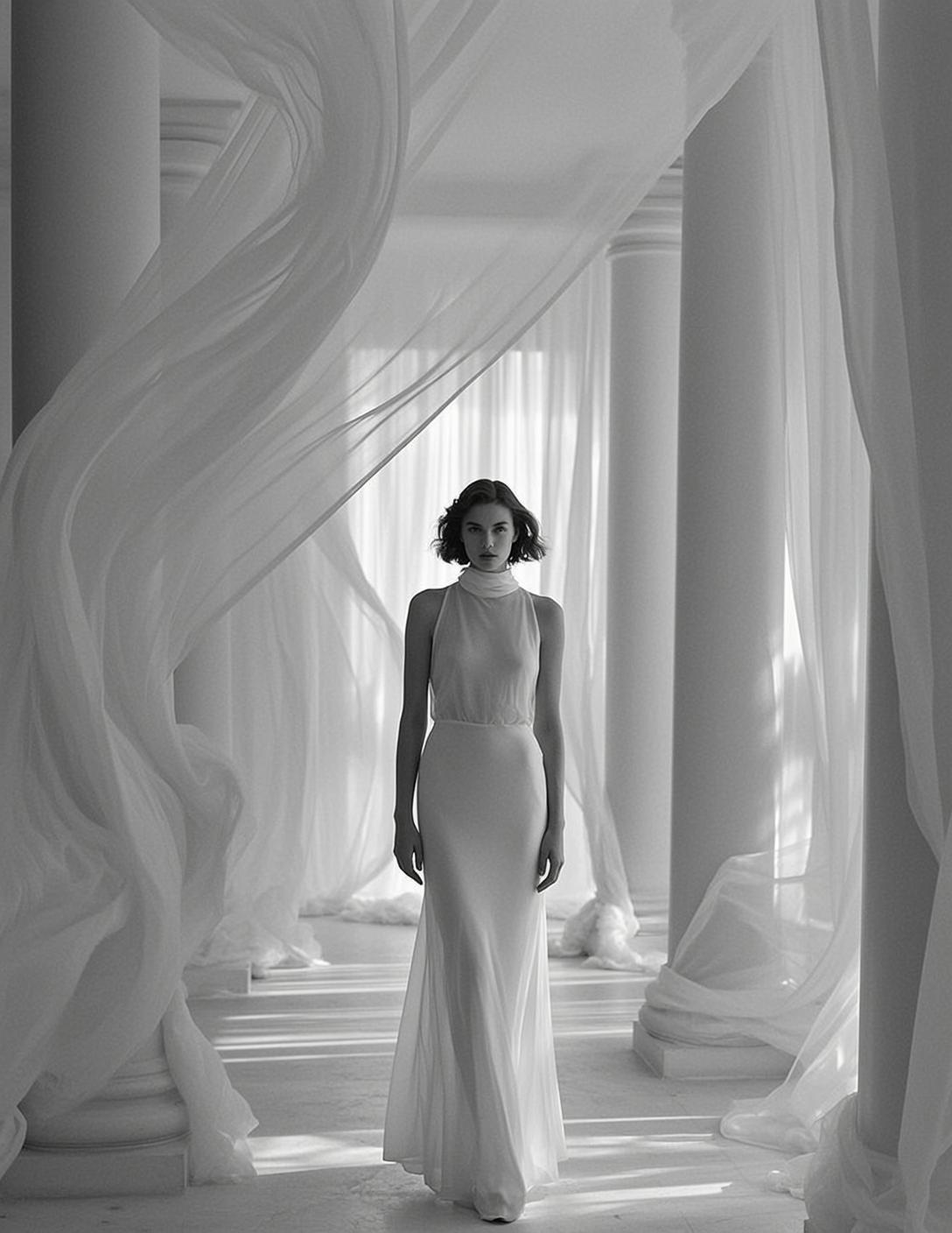 Full-body Portrait-oriented Black And White Photograph Captures Young Woman Standing