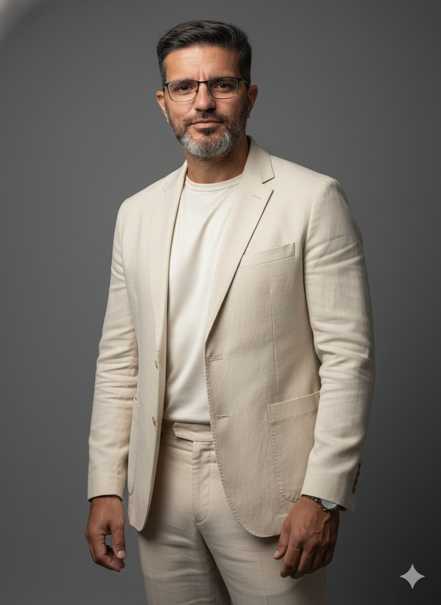 High-resolution editorial fashion photograph featuring an androgynous model in a neutral minimal studio with sophisticated lighting.