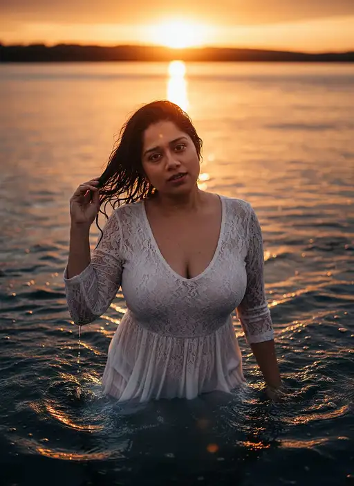 The Uploaded Woman Stands River The Setting Sun Fiery Sunset