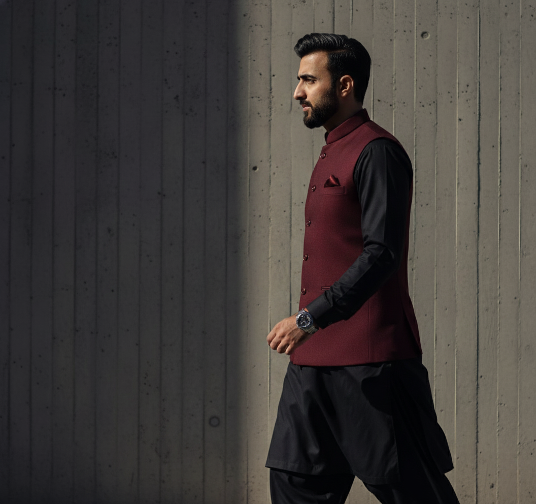 A cinematic portrait of a young Pakistani boy walking confidently in a black shilwar kameez and maroon Nehru coat, side view with dramatic lighting.
