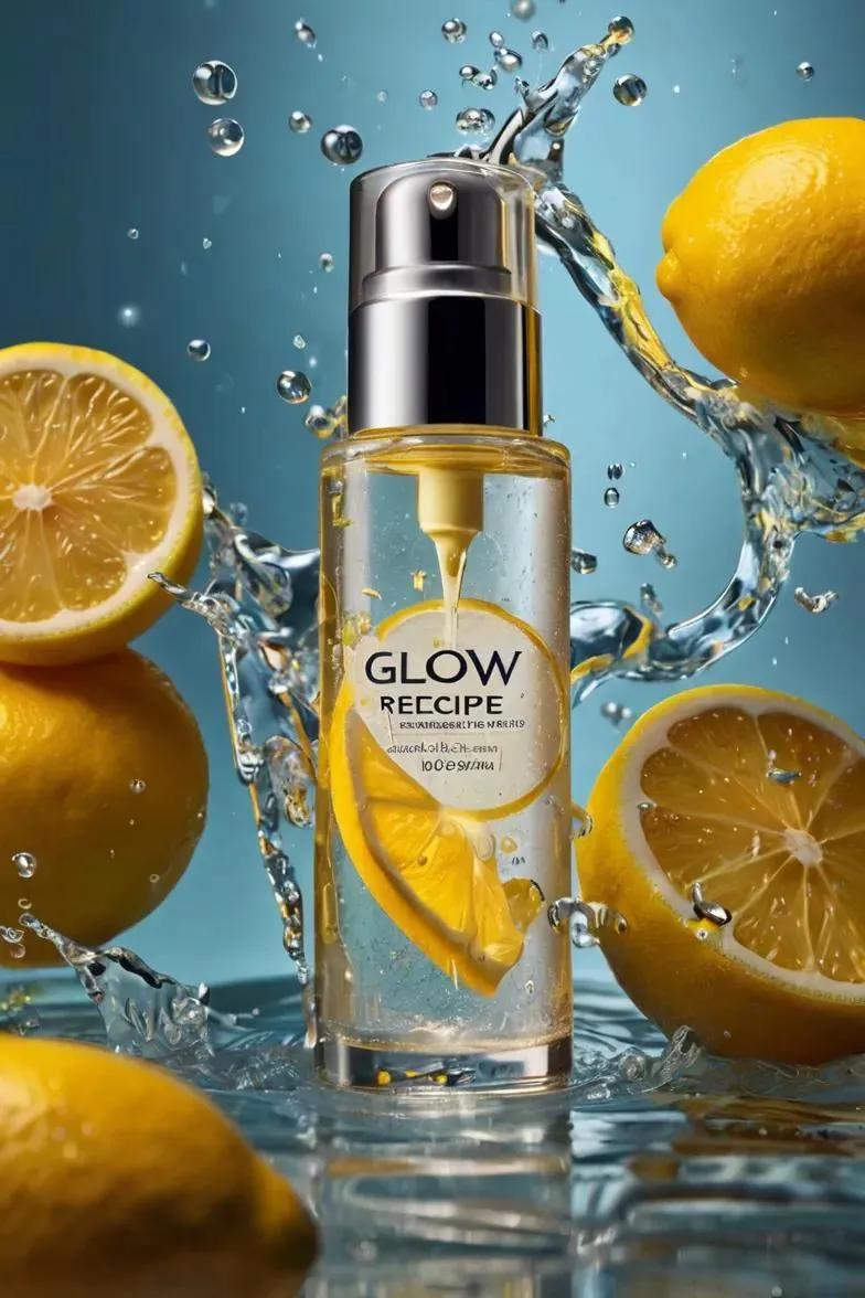 Ultra-realistic Glow Recipe Lemon Serum bottle floating in mid-air surrounded by sparkling lemon water splashes and glowing droplets.