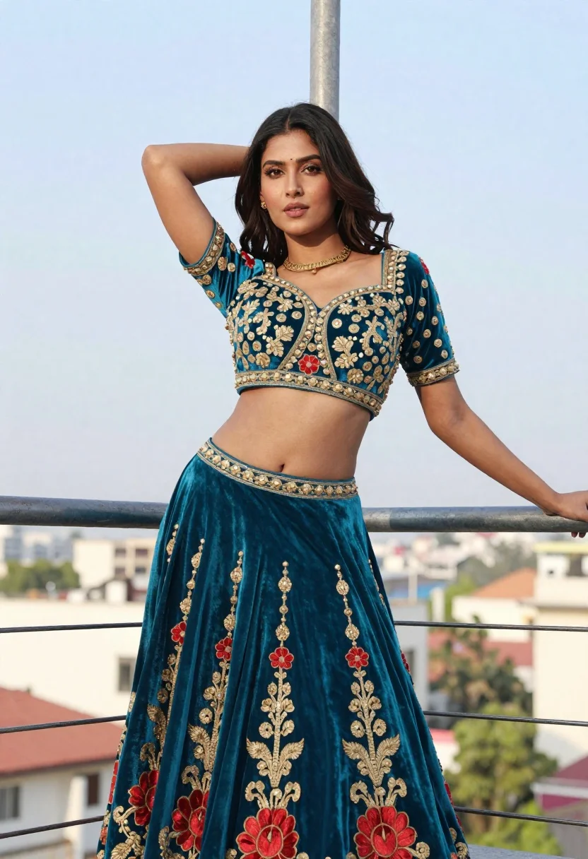 Confident Woman Stands Balcony Railing Wearing Elaborate Teal Lehenga Choli reference photo