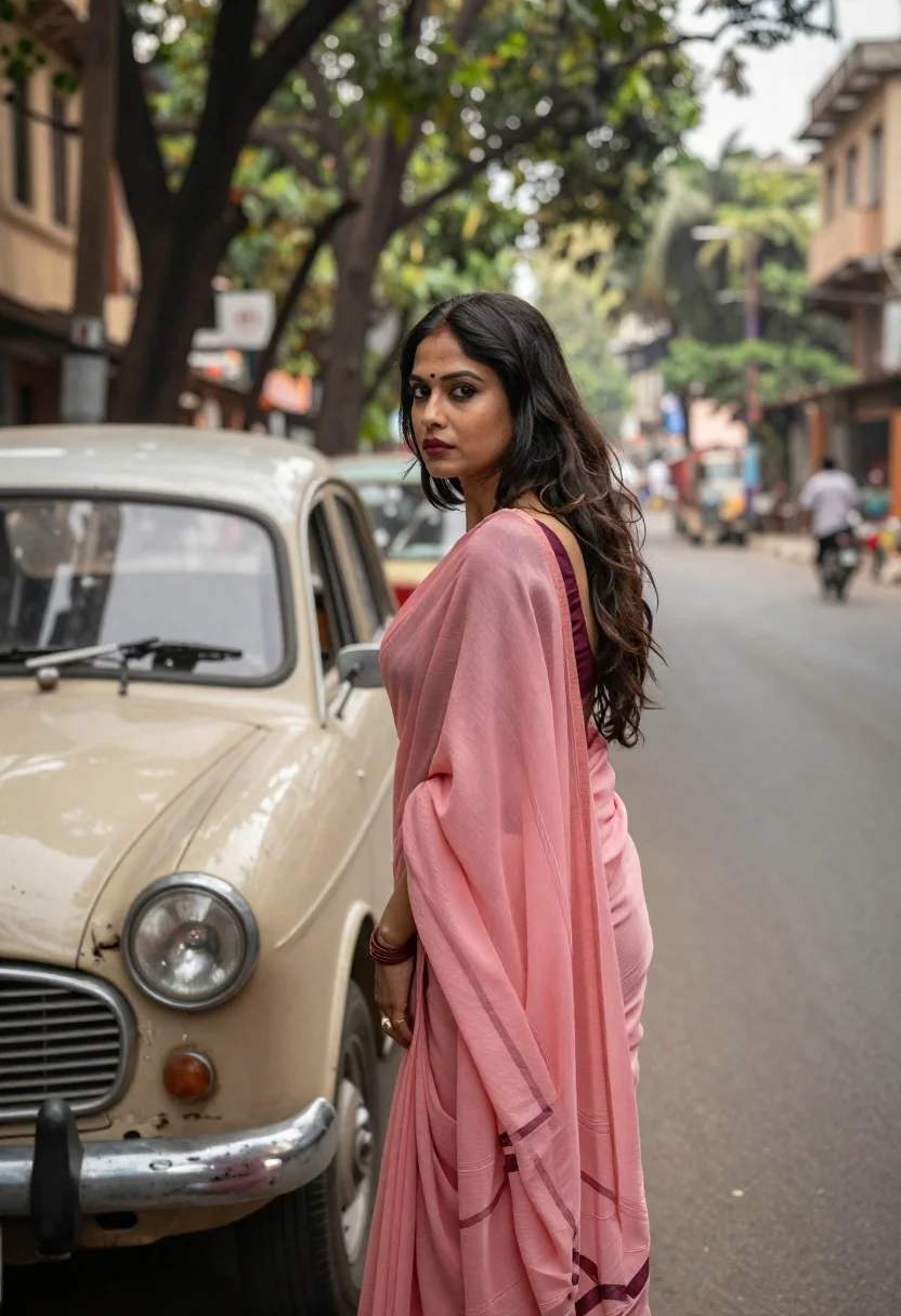 Woman Pink Saree Stands Beside Vintage Car Tree-lined Street Subject