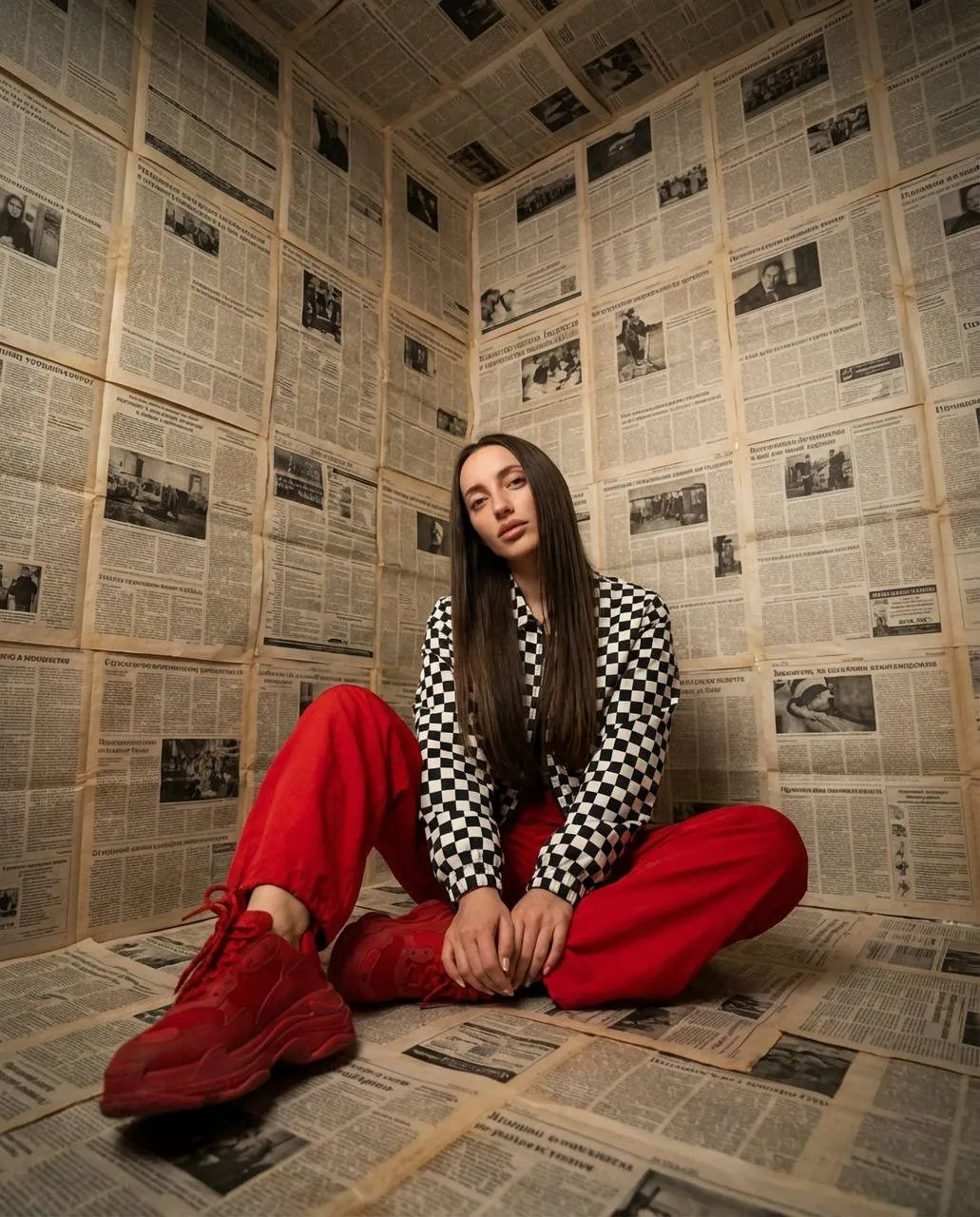 Girl Newspaper Room Red Outfit Realistic