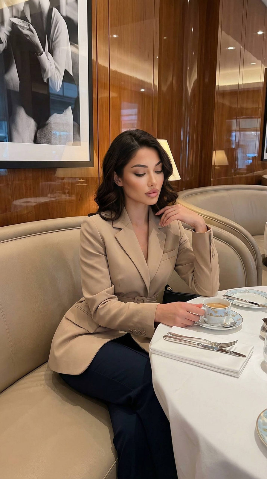 Cinematic portrait of a woman in an upscale café lounge, sitting elegantly on a curved beige sofa, holding a porcelain cup.