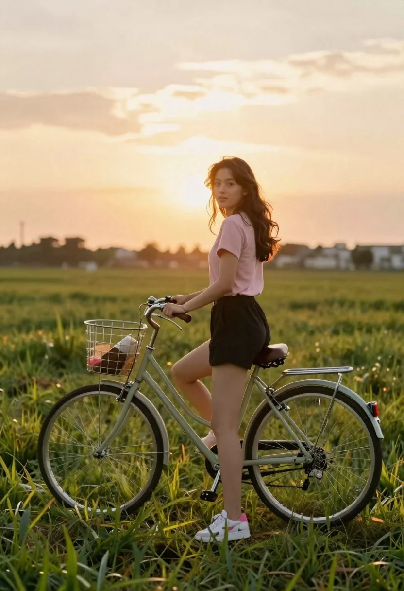 Young Woman Stands Lush Green Field Holding Vintage Bicycle During
