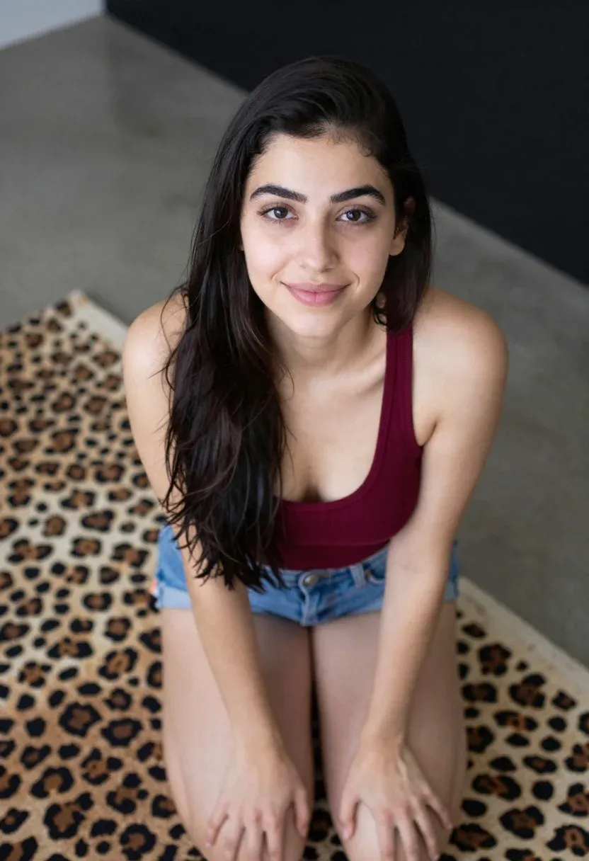 High-angle Shot Young Woman With Long Dark Hair Smiling Warmly
