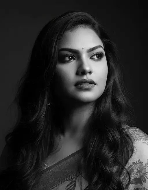 Portrait Woman With Long Wavy Hair Looking And The Side