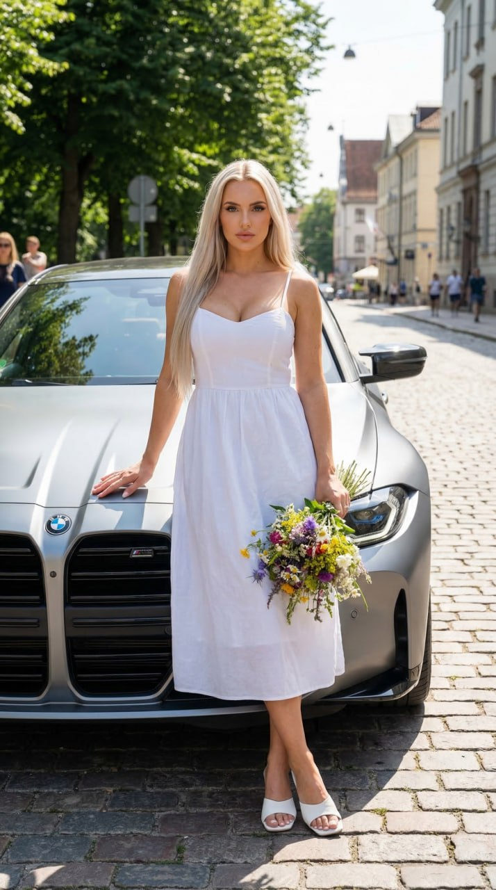 A woman in a light cotton dress with wildflowers, standing next to a matte silver BMW on a sunny city street.