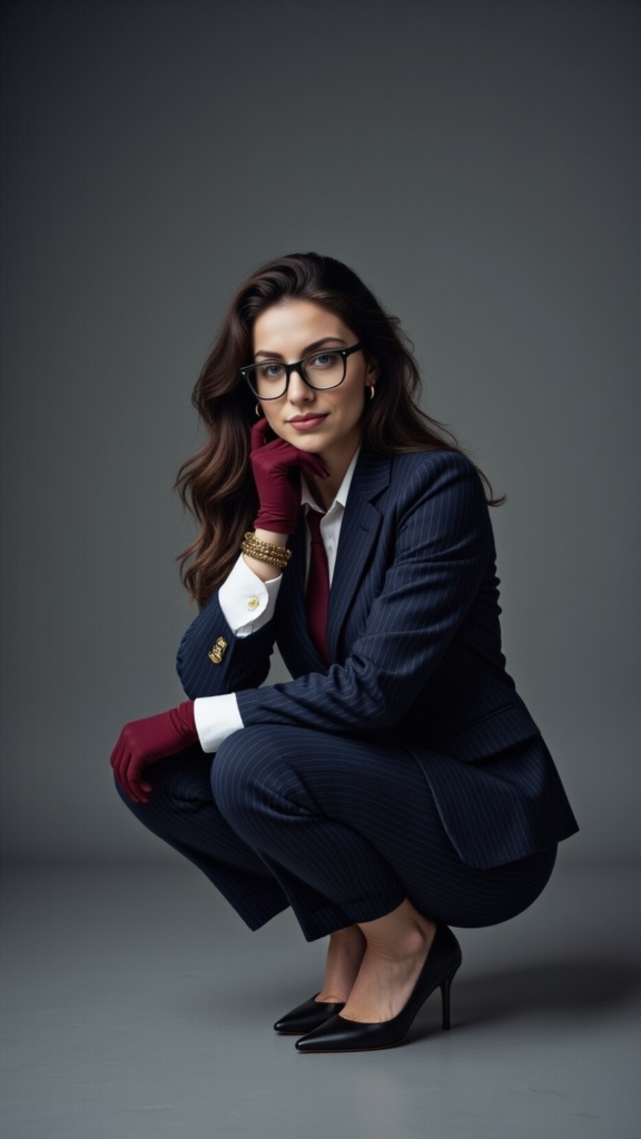 A crouching Maya Sikand in a dark backdrop, wearing a navy pinstripe suit and burgundy tie with glamorous makeup and accessories.