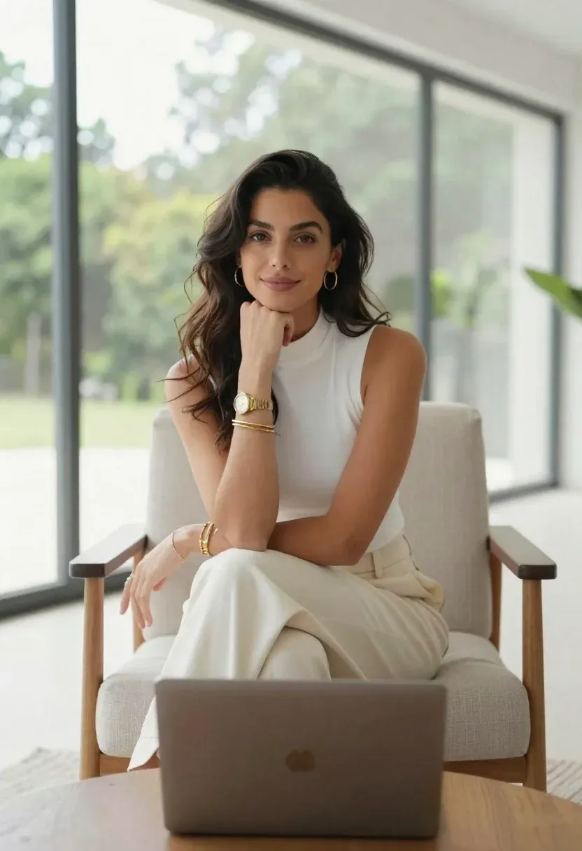 Professional Portrait Woman Seated Modern Armchair With Large Windows Behind