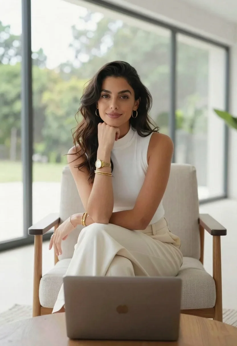 Professional Portrait Woman Seated Modern Armchair With Large Windows Behind reference photo