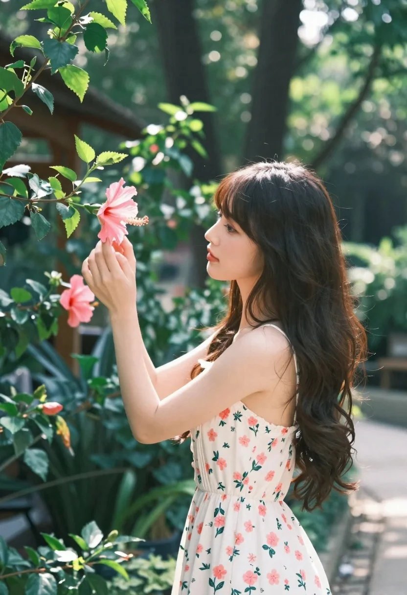 Woman With Long Dark Hair And Bangs Stands Lush Garden reference photo