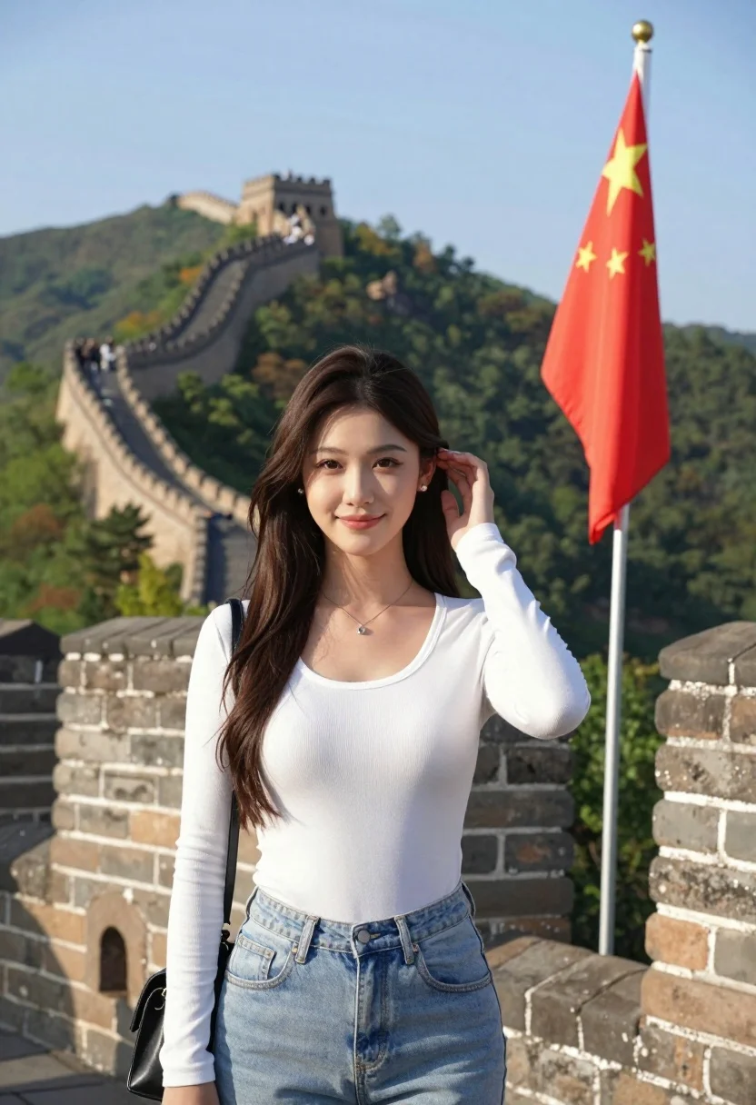 Young Woman Stands Confidently The Foreground With Scenic View The