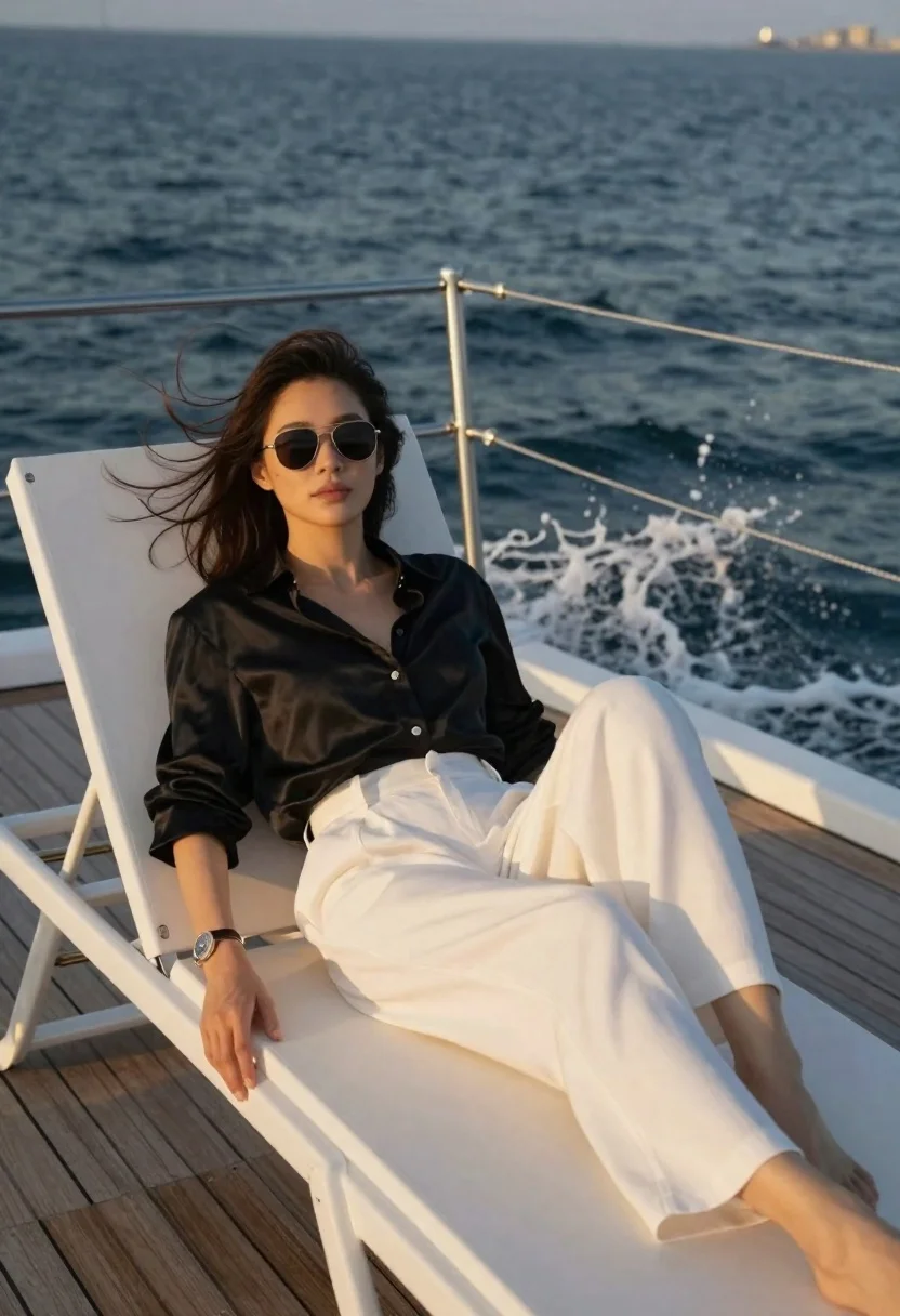 Woman Reclines Elegantly White Sun Lounger Aboard Moving Yacht During