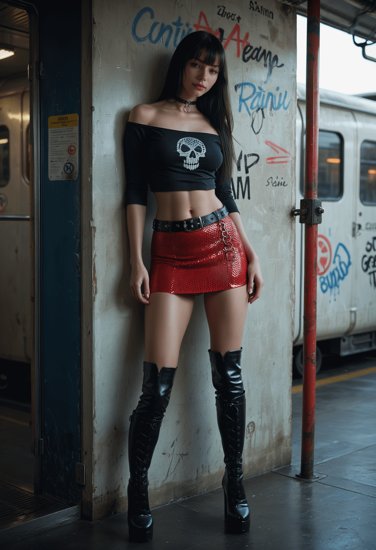 A woman in a black off-the-shoulder crop top and red skirt leans against a graffiti-covered concrete pillar at a subway station.