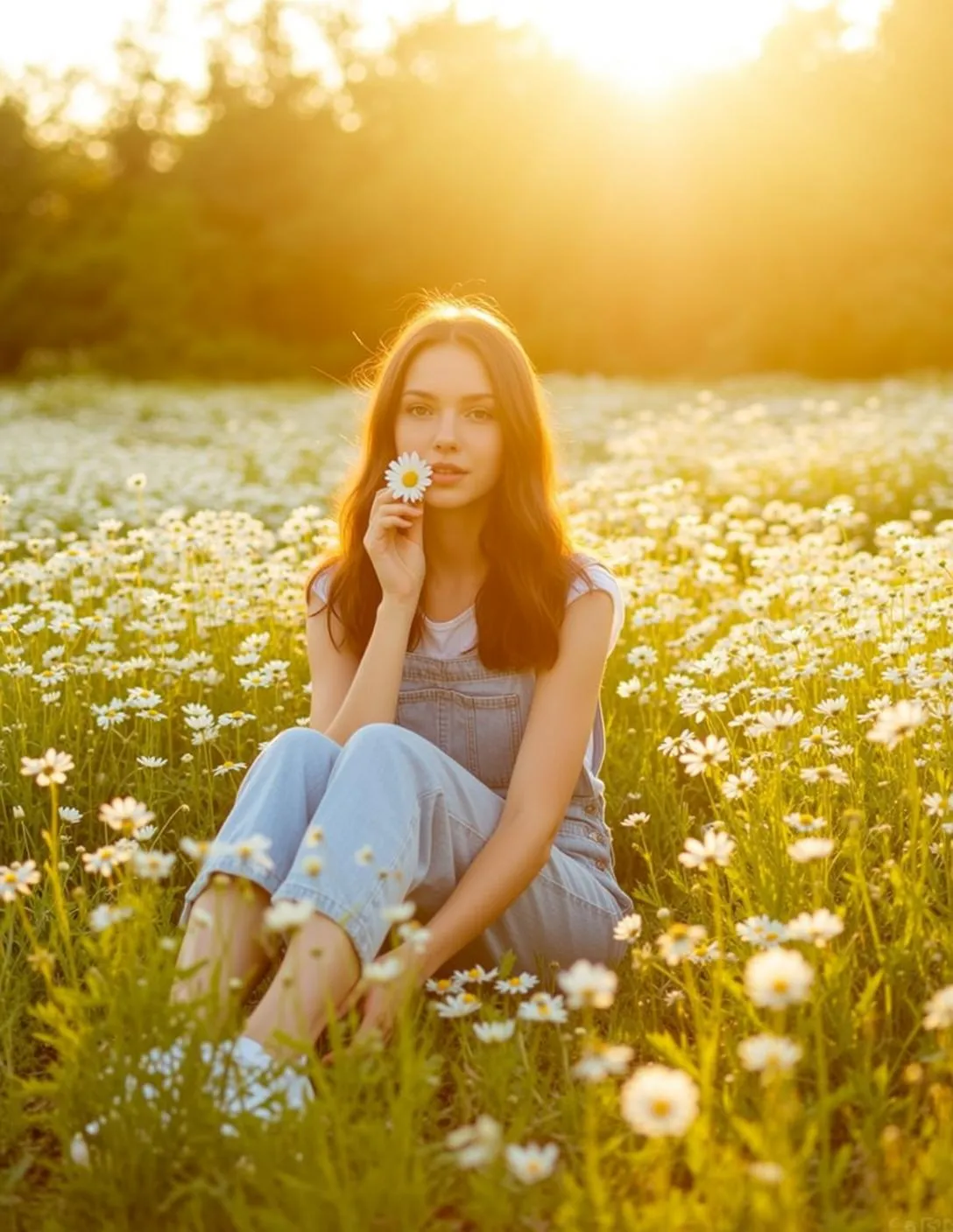 Cottagecore Young Sitting Cross-legged Field Daisies Holding