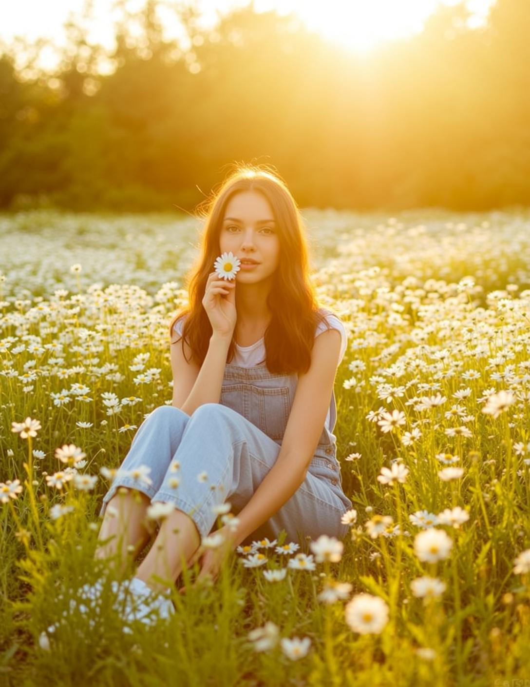 Cottagecore Young Sitting Cross-legged Field Daisies Holding