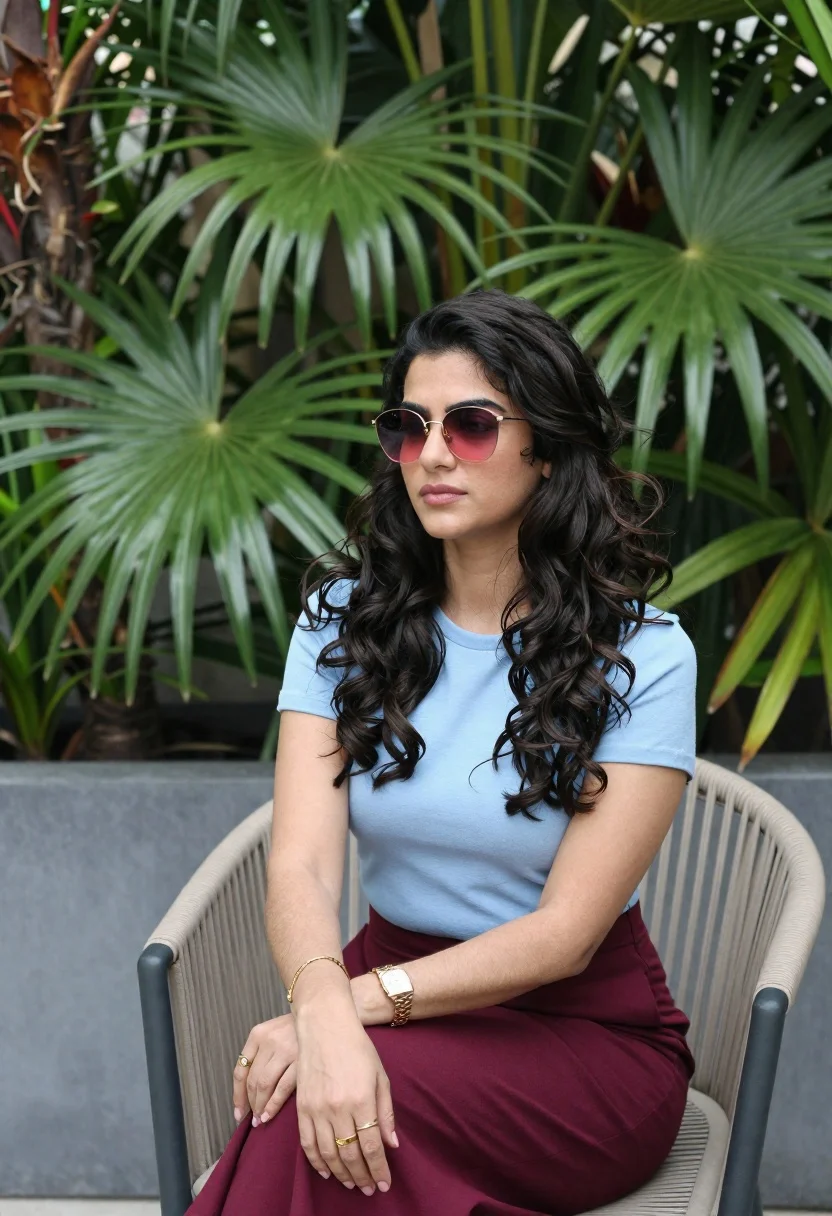Woman With Long Dark Wavy Hair Sits Woven Outdoor Chair reference photo