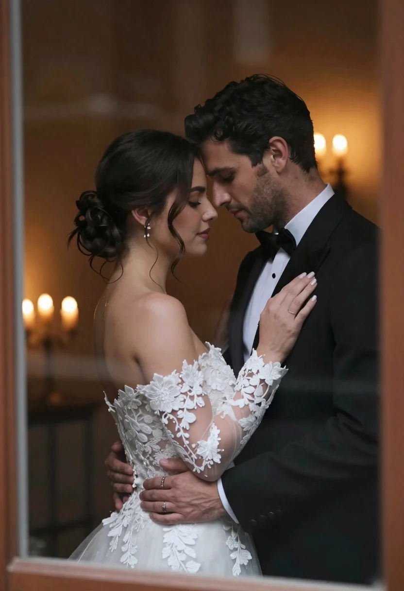Bride and groom embracing through a softly-lit window pane, capturing intimate moment with warm, romantic glow.