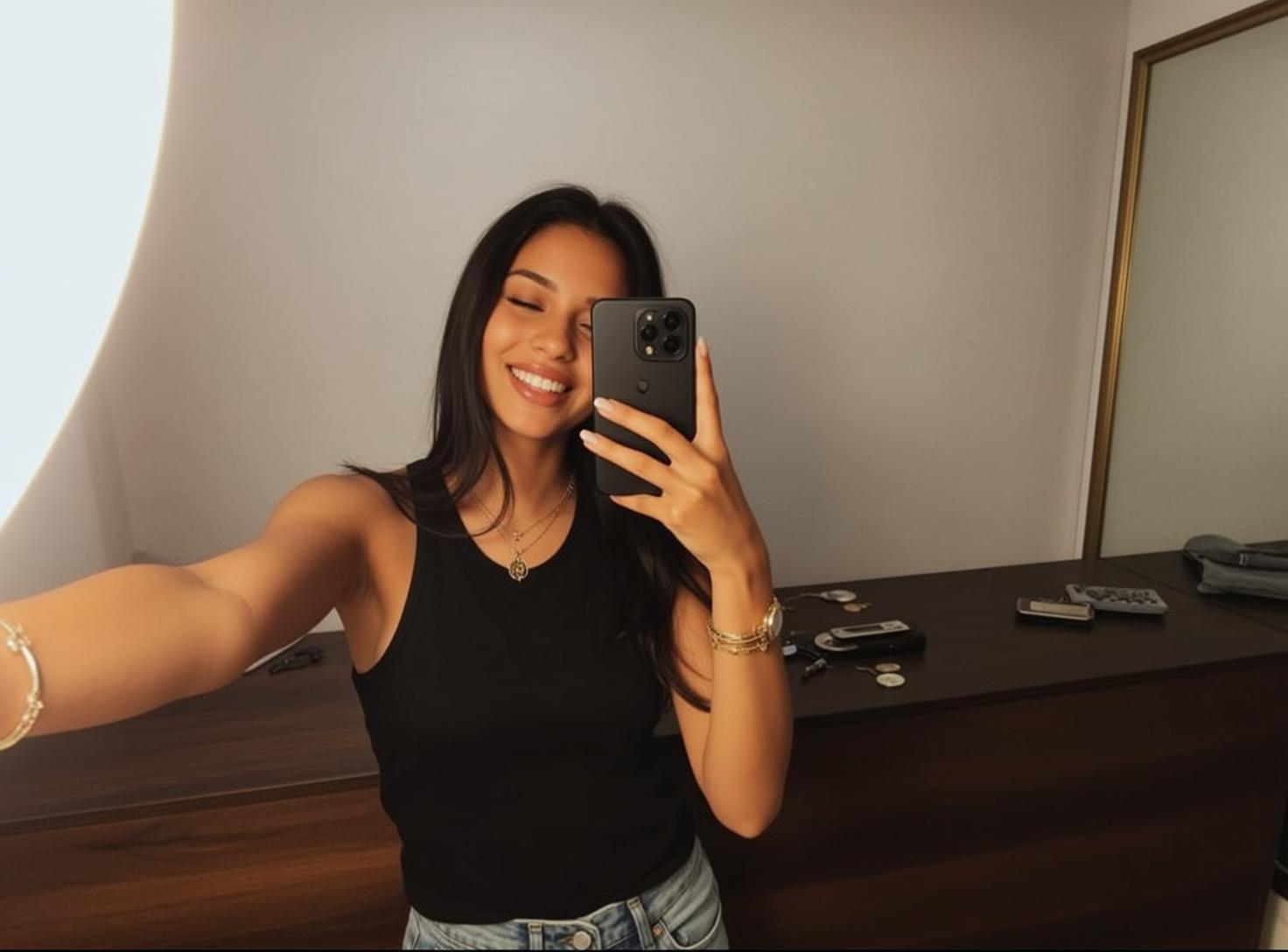 Black Tank Joyful Selfie